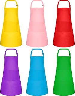 6 Pack Kids Aprons with Pockets - Adjustable Multi-Color Art Smocks for Painting, Cooking, Baking & Crafts Ages 3-13