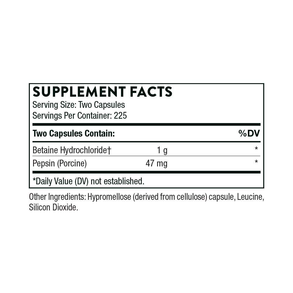 Thorne Research - Betaine HCL and Pepsin - Digestive Enzymes for Protein Breakdown and Absorption - 450 Capsules