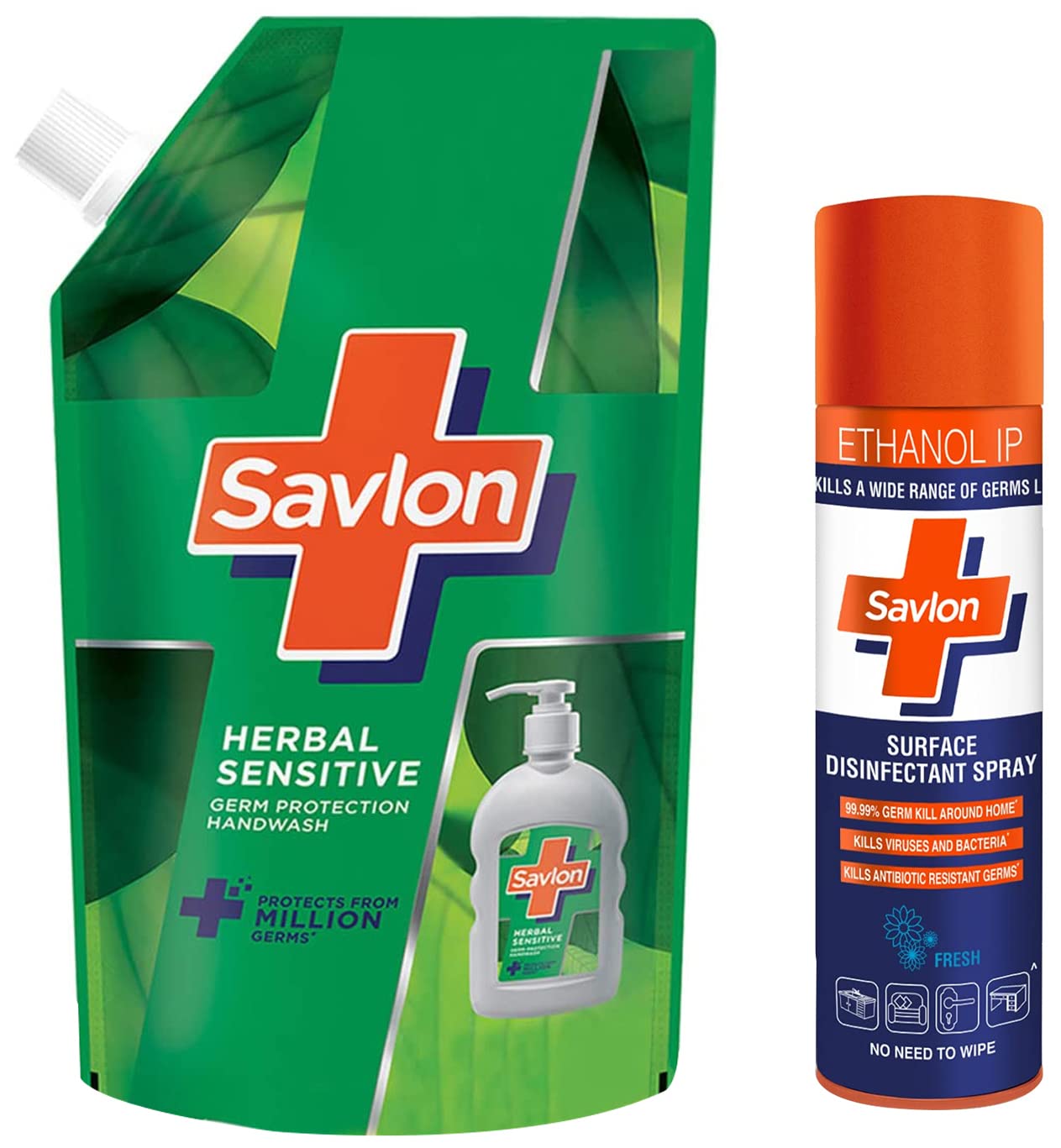 Savlon Surface Disinfectant Spray Sanitizer, Germ Protection on Hard & Soft Surfaces, 170g & Savlon Herbal Sensitive pH balanced Liquid Handwash Refill Pouch, 725ml