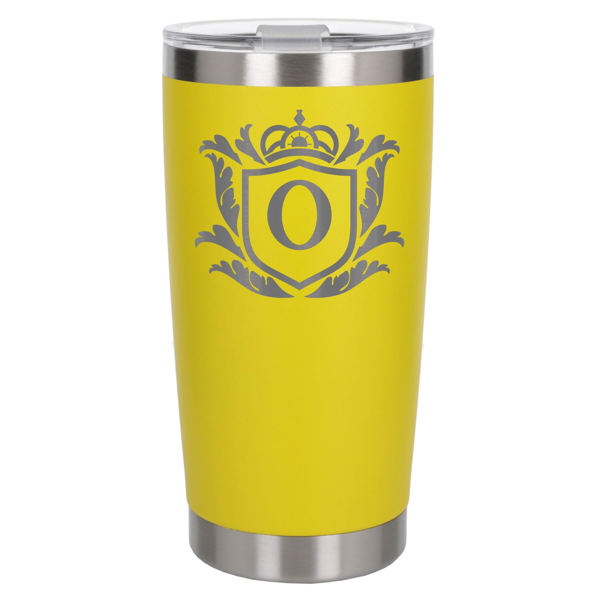 Customised Gifts 500ml Engraved Shield Initial Monogram Insulated Personalised Yellow Travel Mug for Men and Women - Personalised Initial Coffee Travel Mug for Hot and Cold Beverages, Letter O