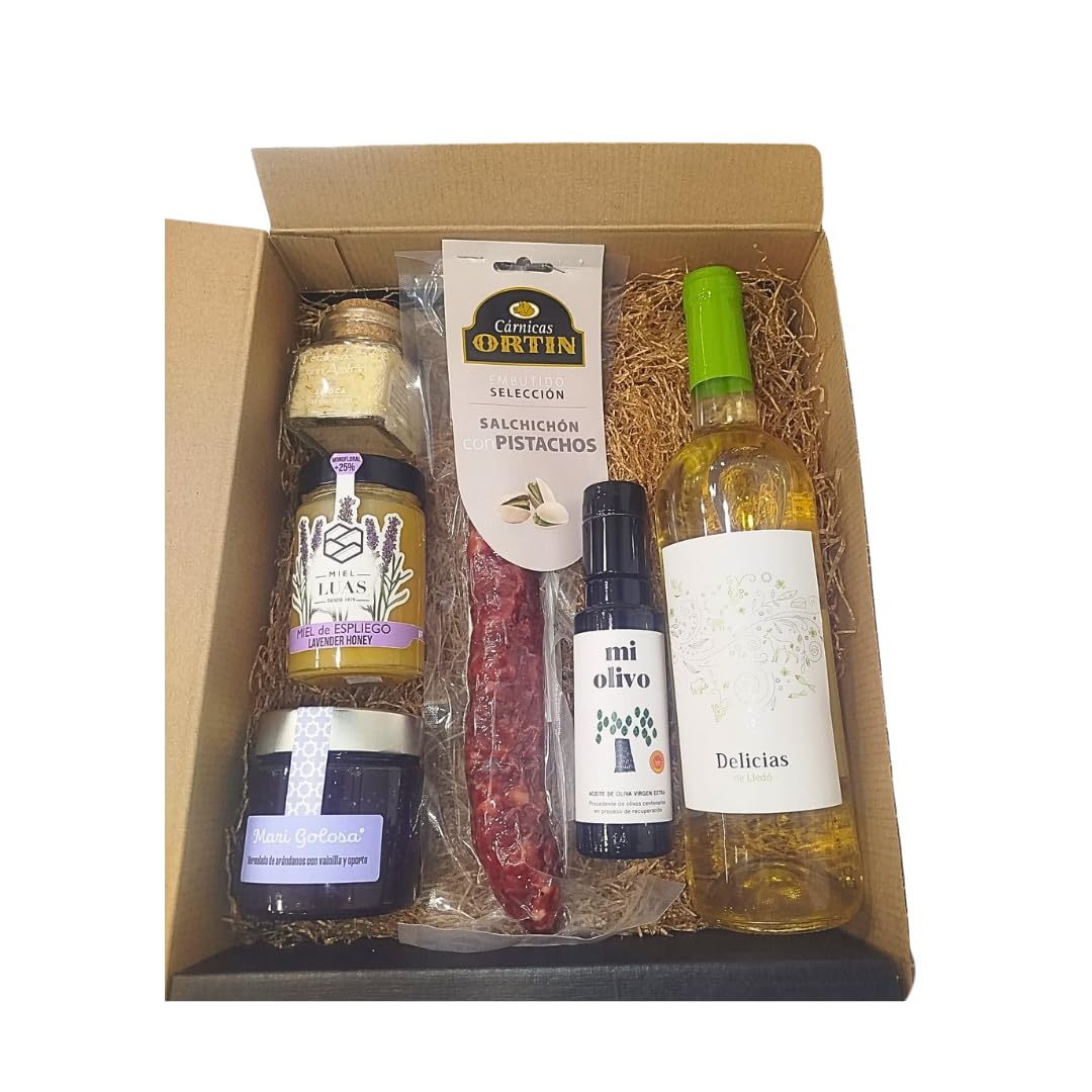 DEGUSTA TERUEL. Cesta de Navidad Gourmet con Aceite DOP Bajo Aragón, Miel de Espliego, Mermelada Artesana, Sal al azafrán, Salchichón con Pistachos y Vino Blanco