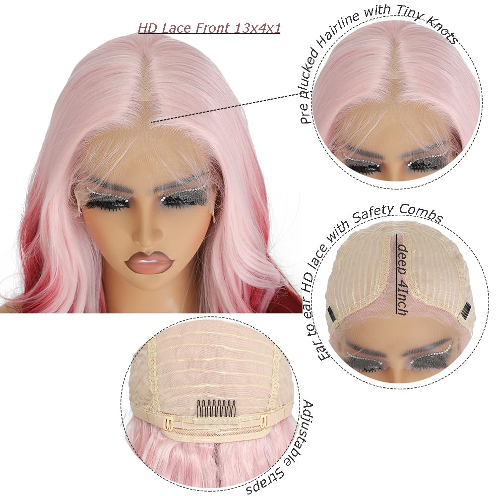 X-TRESS Pink and Red Lace Front Wigs Synthetic for Women,28Inch Wear and Go Glueless Body Wave Ombre Pre Plucked with Baby Hair, Synthetic 2 Tone Wigs(Pink To Red)