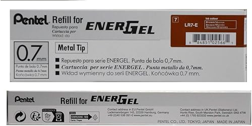 Miniatura 2 de Tinta de repuesto Pentel para bolígrafo de gel retráctil EnerGel RTX, paquete de 12, 0.7mm, punta media, marrón (LR7-E)