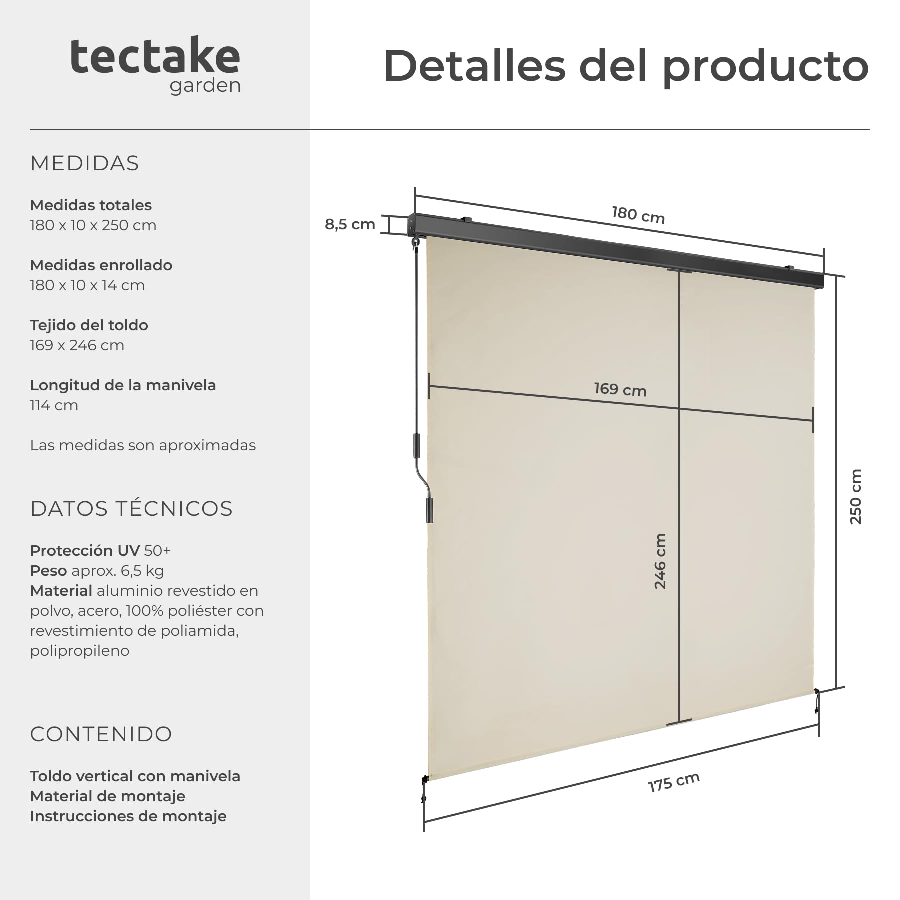tectake® toldo Vertical Exterior Enrollable con manivela, Soporte toldo, Toldos Exterior Terraza y balcón, protección Solar y Cortavientos, Tela toldo Balcon Resistente - 180 x 250 cm Beige