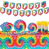 Zonon Tie Dye Birthday Party Decorations Set, Colorful Tie Dye Kit Include Tablecloth Plates Napkins Cups and Banner for Birthday Party Decorations Supplies Gifts(Classic Style)