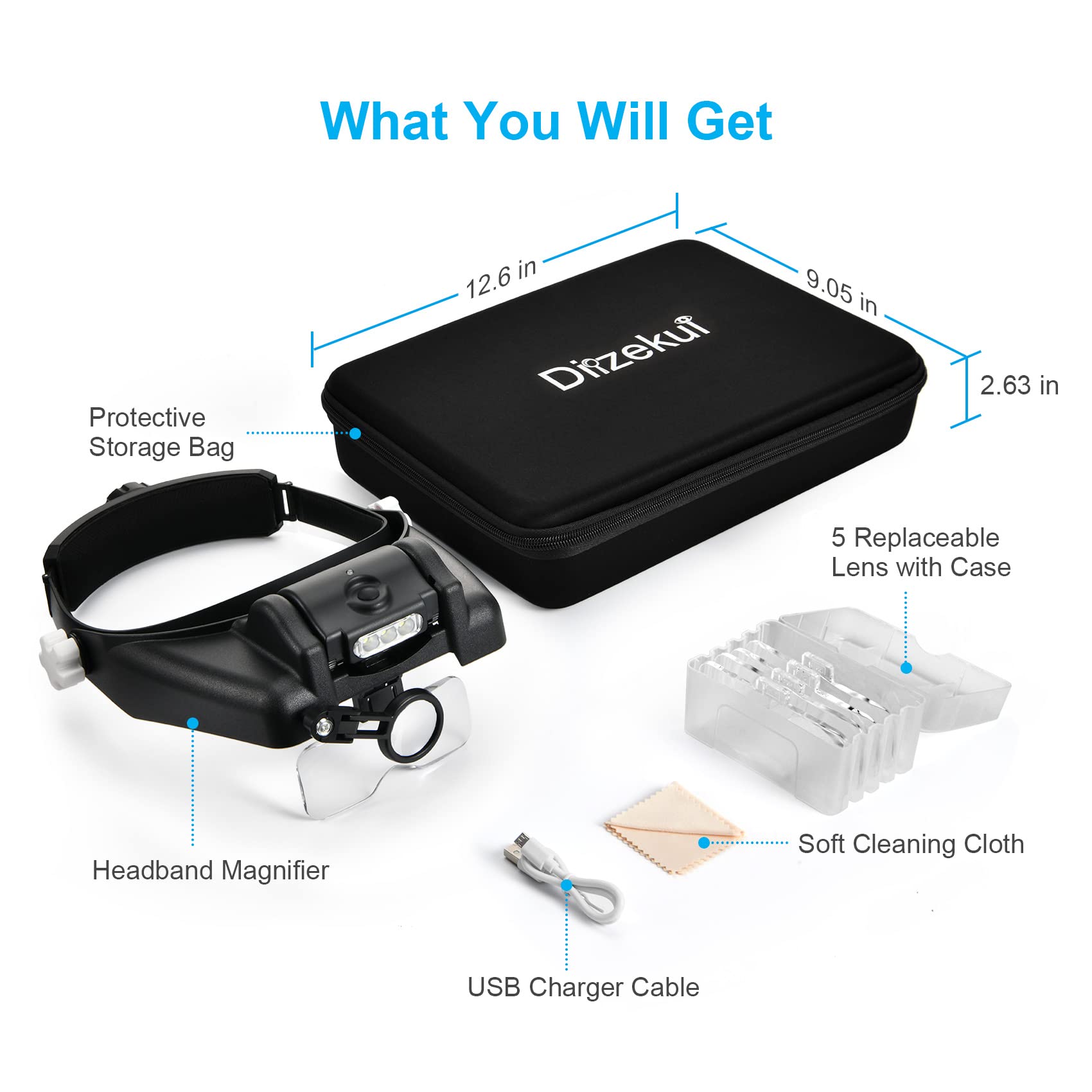 Dilzekui Lupa de montaje en cabeza con luz LED, lupa recargable negra, lupa montada en la cabeza con 6 lentes desmontables, funda de transporte, lupa manos libres para manualidades de trabajo cercano