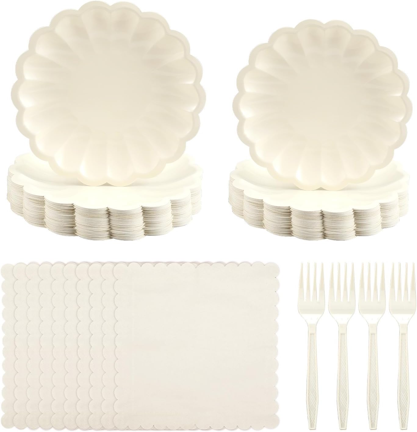 Newtay 200 Pcs Cream Scalloped Paper Plates and Napkins, Disposable Party Supplies Tableware Set 100 Shell Edge Plates, 50 Napkins and 50 Forks for Wedding, Birthday, Bridal Shower, Baby Shower Guests