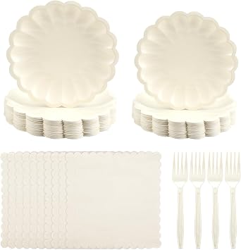 Newtay 200 Pcs Cream Scalloped Paper Plates and Napkins, Disposable Party Supplies Tableware Set 100 Shell Edge Plates, 50 Napkins and 50 Forks for Wedding, Birthday, Bridal Shower, Baby Shower Guests