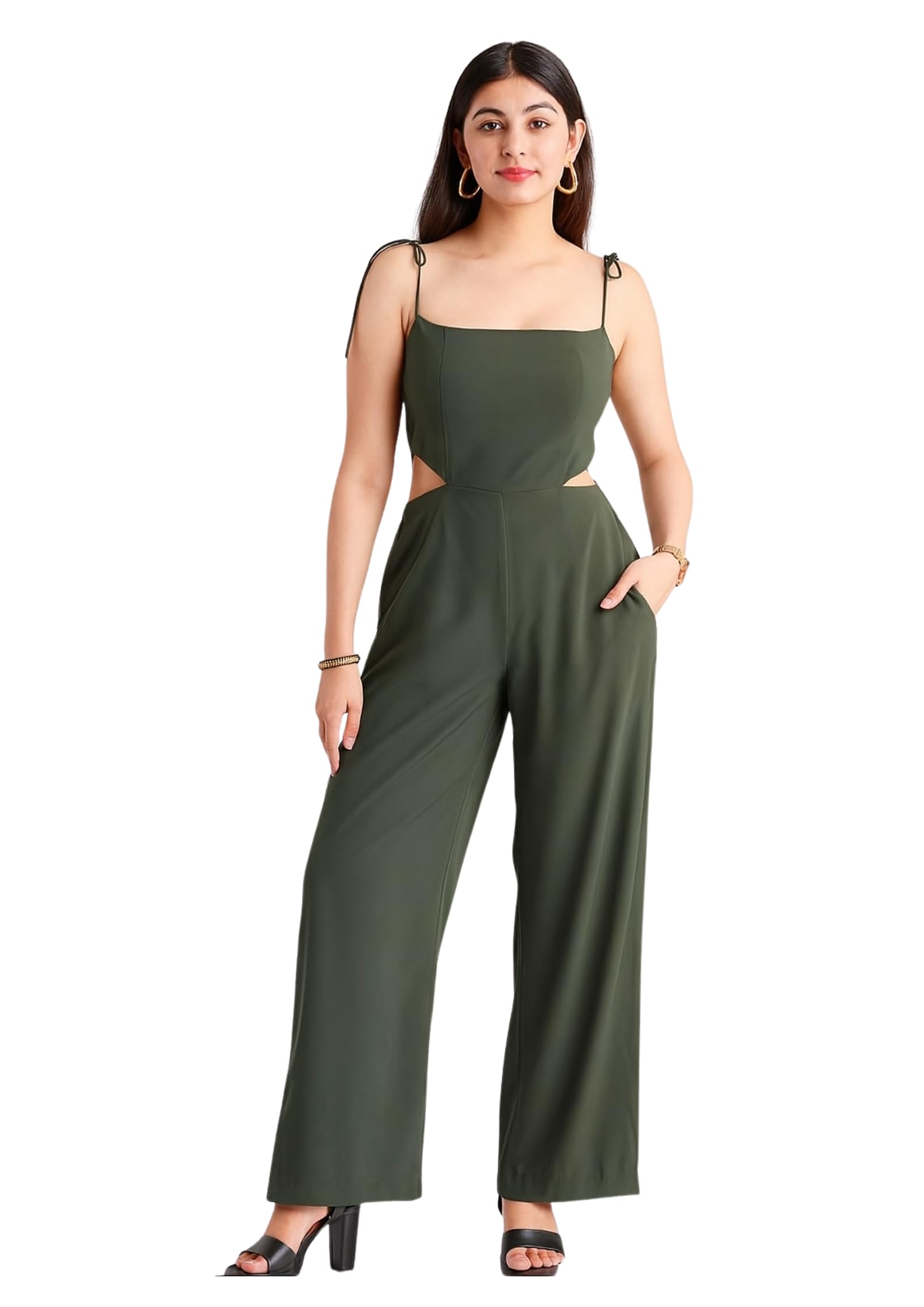Women's Sleeveless Jumpsuit with Side Cutouts, Wide Leg, Olive Green, Tie Shoulder Straps-image-17
