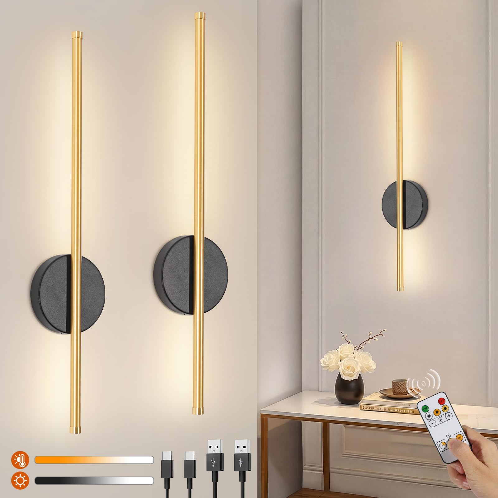 Ketom 2 Stück LED Wandleuchte Innen, Dimmbare Wandlampe mit Fernbedienung und Timerfunktion, 3 Farbtemperaturen, Modern USB Aufladbar Wandlampe Akku für Schlafzimmer Flur, Schwarz und Gold