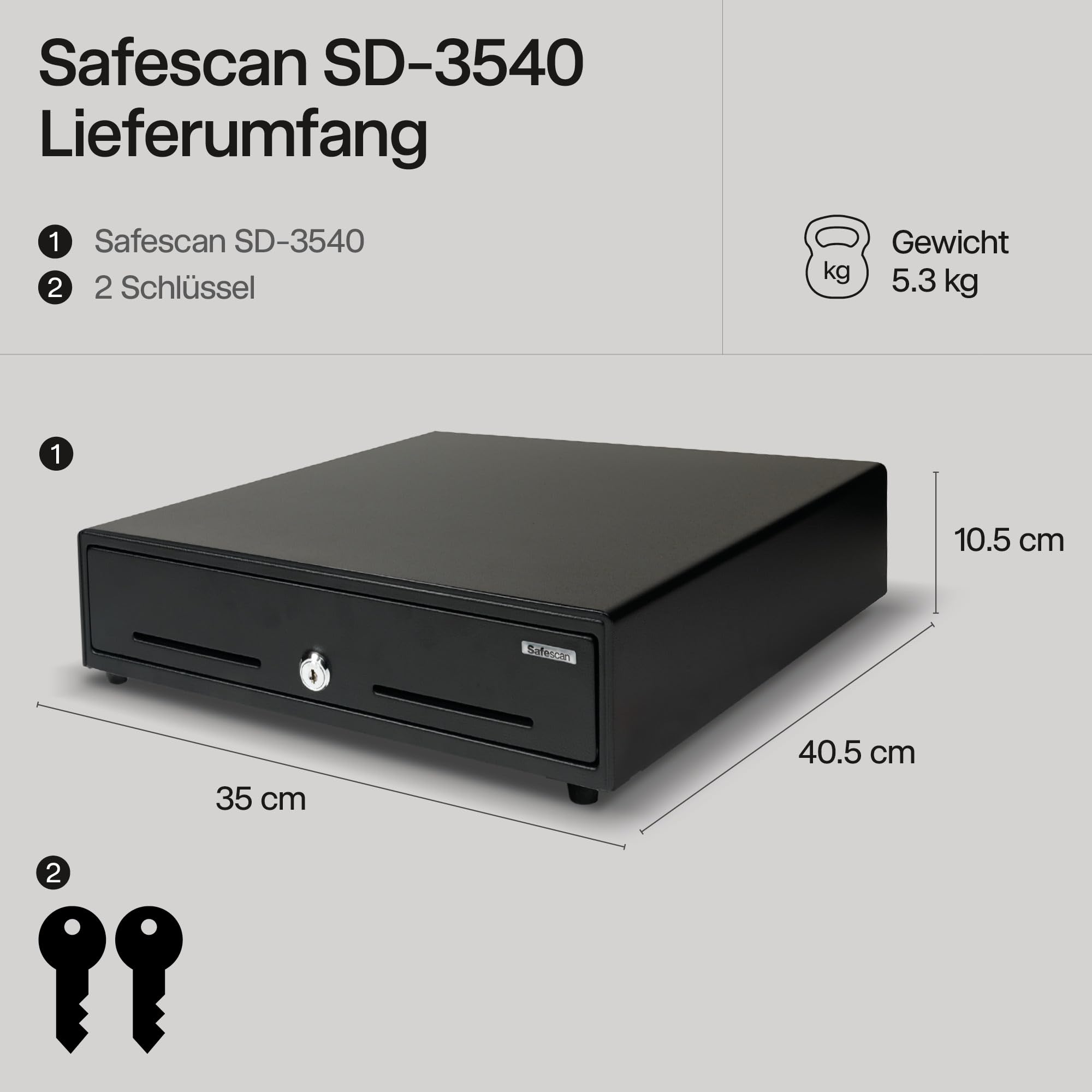 Safescan SD-3540 Standard-Duty Kassenschublade mit 4 Fächern für Banknoten und 8 für Münzen - Kassenlade mit RJ-12 Anschluss (z.B. Registrierkasse) - Solide Kassenschublade von 35 x 40,5 x 10,5 cm | SAFESCAN SD-3540, 8 Münzfächer / 4 Banknotenfächer
