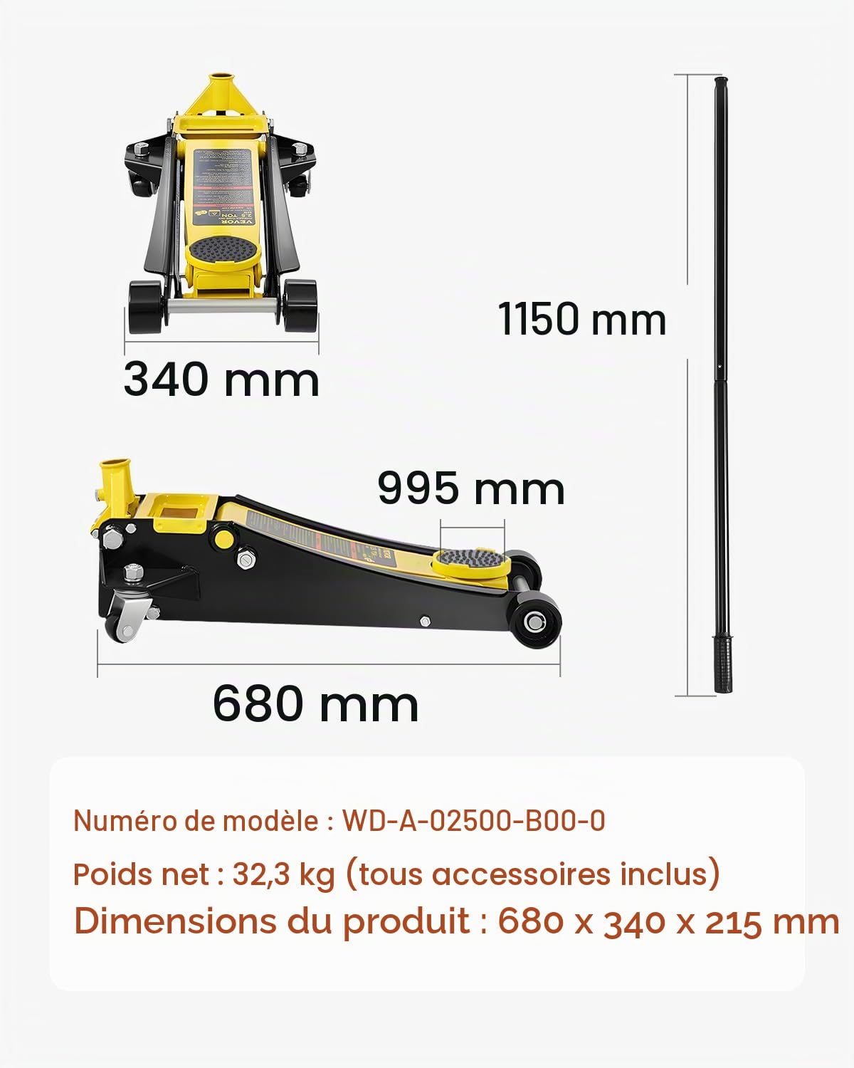 VEVOR Cric rouleur 2,5 tonnes, cric de Plancher hydraulique à Profil Bas Hauteur de Levage 75-495 mm, en Acier Robuste, avec Pompe de Levage Rapide à Double Piston, pour Lever Camion SUV Atelier