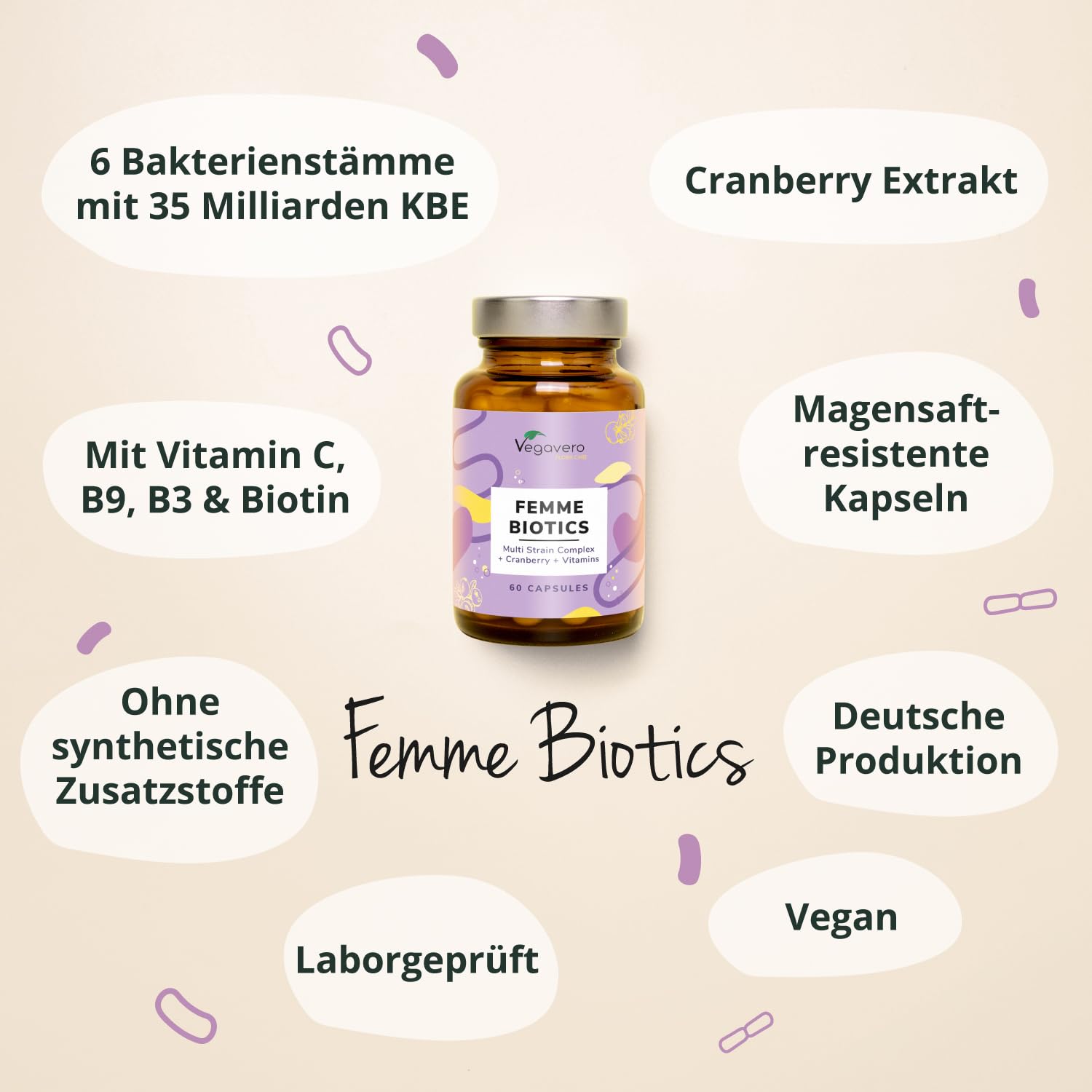 Femme Biotics | Intimflora Komplex mit Vitaminen, Cranberry Extrakt & Inulin | 60 Kapseln | 6 Milchsäure- und Bifidobakterienstämme | Vegan, ohne Zusätze | Dt. Produktion Vegavero