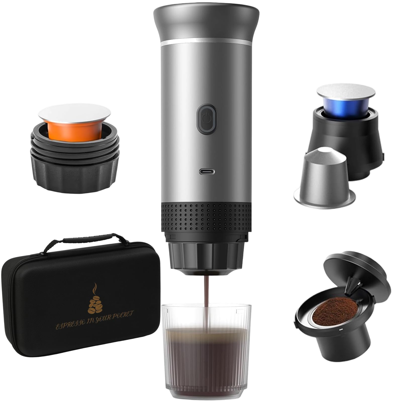 Máquina de café expreso portátil,Cafetera Cápsula de Espresso 3 en 1 | 15 bar,7500mAh,Autocalentamiento,compatible con cápsulas Nes y DG y café molido,para Oficina Viaje Camping(con bolsa)