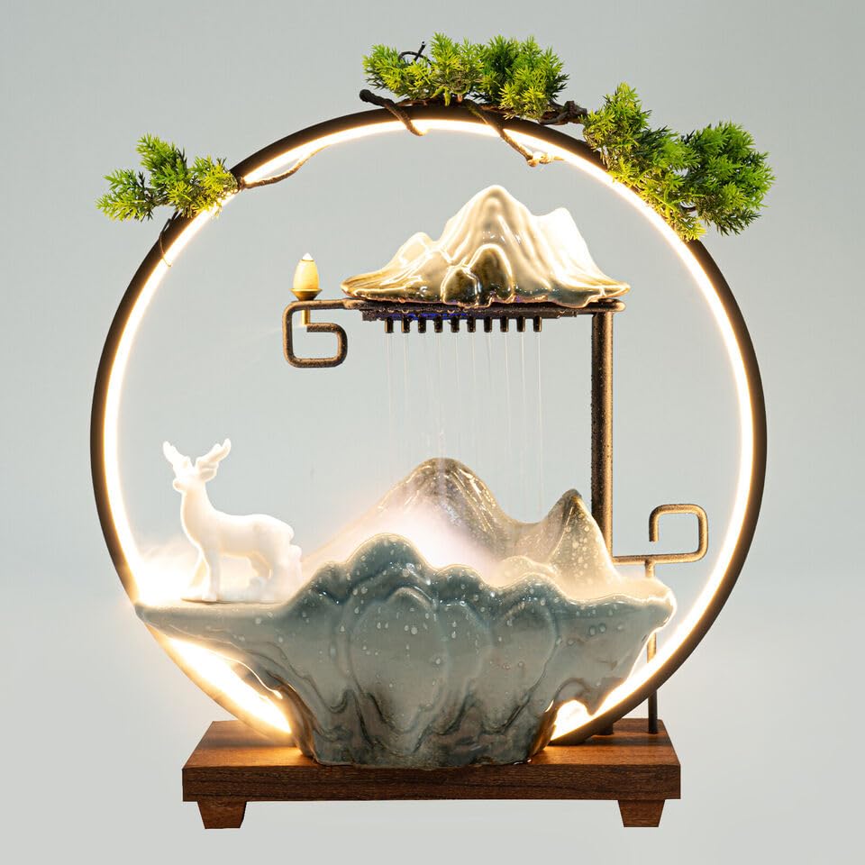 Indoor Relaxation Desktop Fountain Waterfall, Ceramic Desktop Decorative Indoor Fountain, Feng Shui Landscape Rockery Waterfall Meditation Fountain with LED Light for Home Office Decoration(Grey)