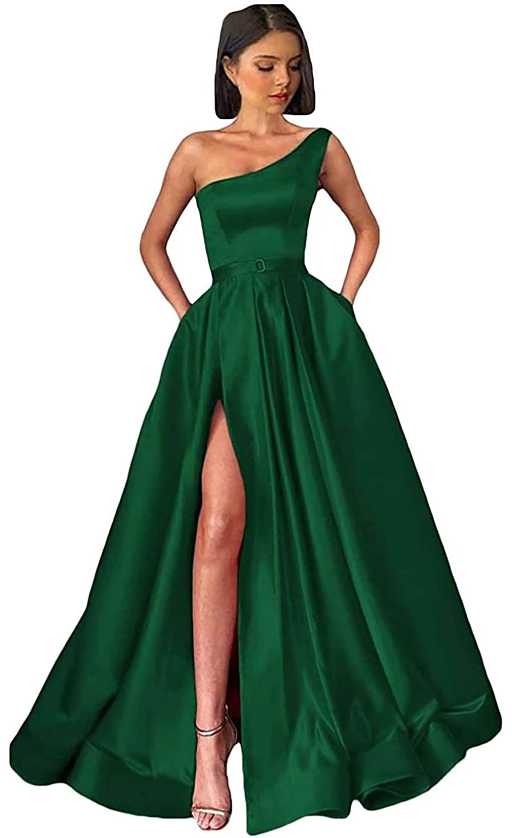 Women's Prom Dresses Long One Shoulder Formal Evening Dress A-Line Satin Party Gowns with Slit Pockets