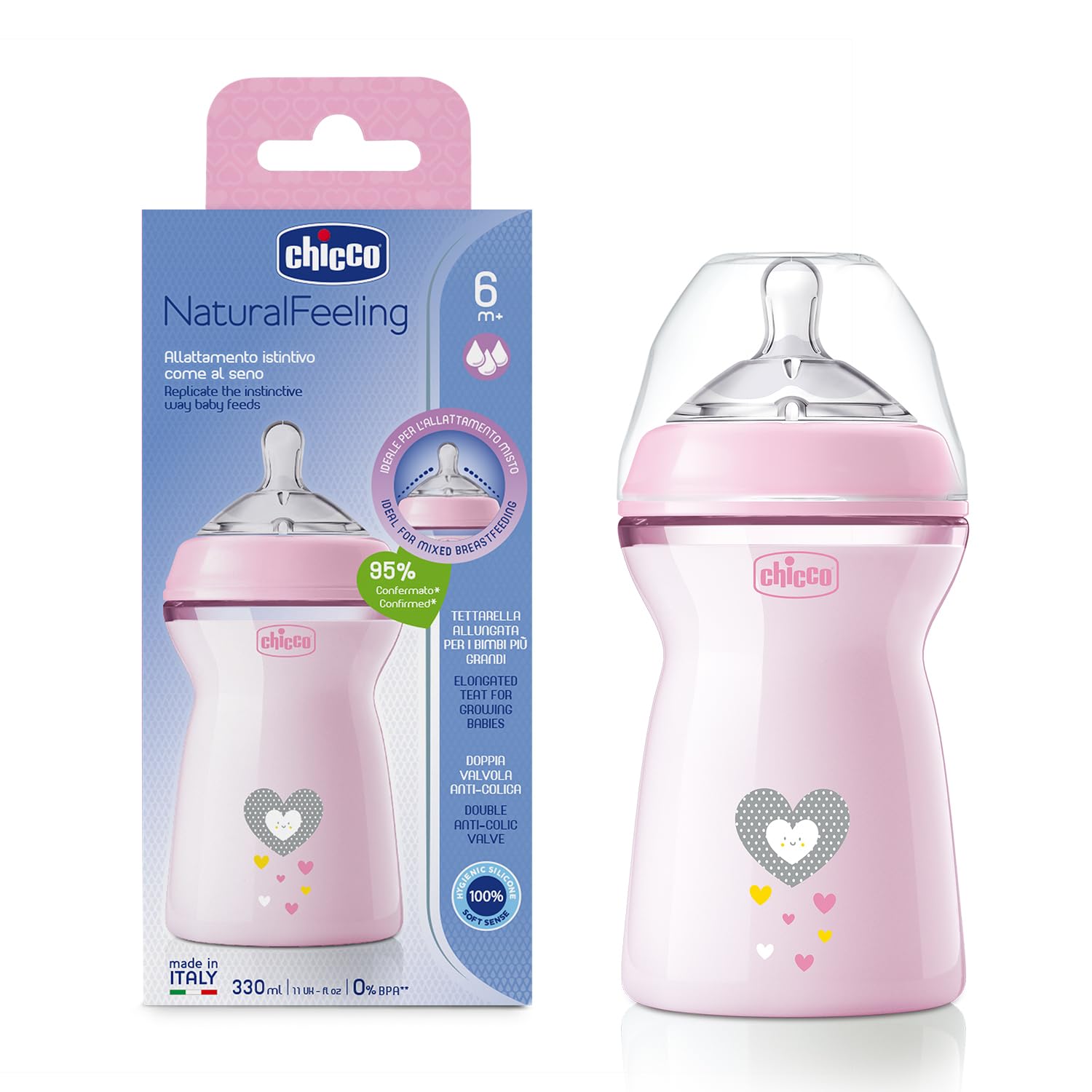 Chicco Natural Feeling Feeding Bottle for Babies, 330ml (6+ Months)| Mother Breast Like Teat|Soft Silicon, Anti-Colic Teat | Angled Teat Suitable for Newborns | with Anti-Drip Cap | BPA Free (Pink)-image-31