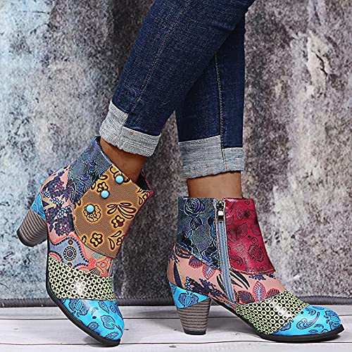 Noldares Cowboy Boots For Women Chunky High Heels Retro Zipper Boots Colorful Printed Booties Point-Toe Boots For Women Multicolor #TOP1