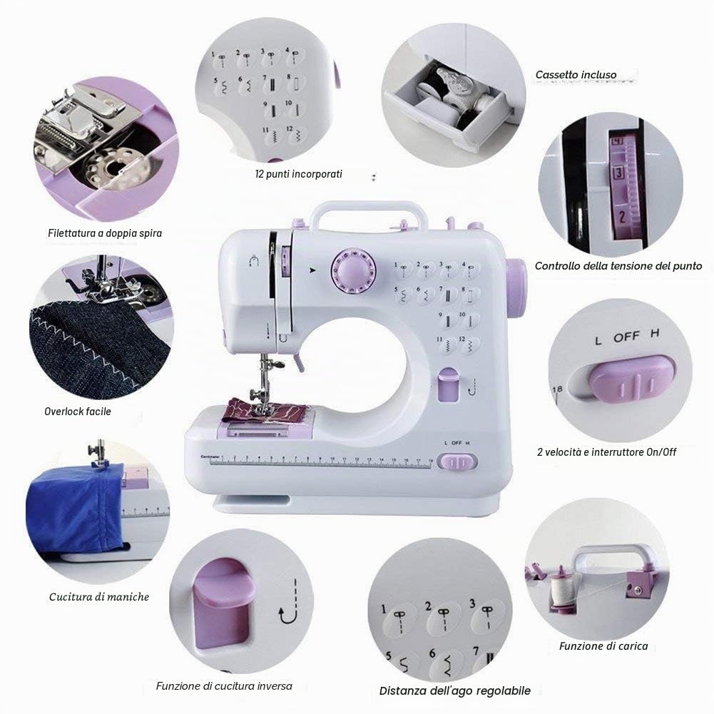 Macchina da cucire multifunzionale a 12 aghi domestica elettrica portatile Doppio filo Cucitura inversa Due velocità