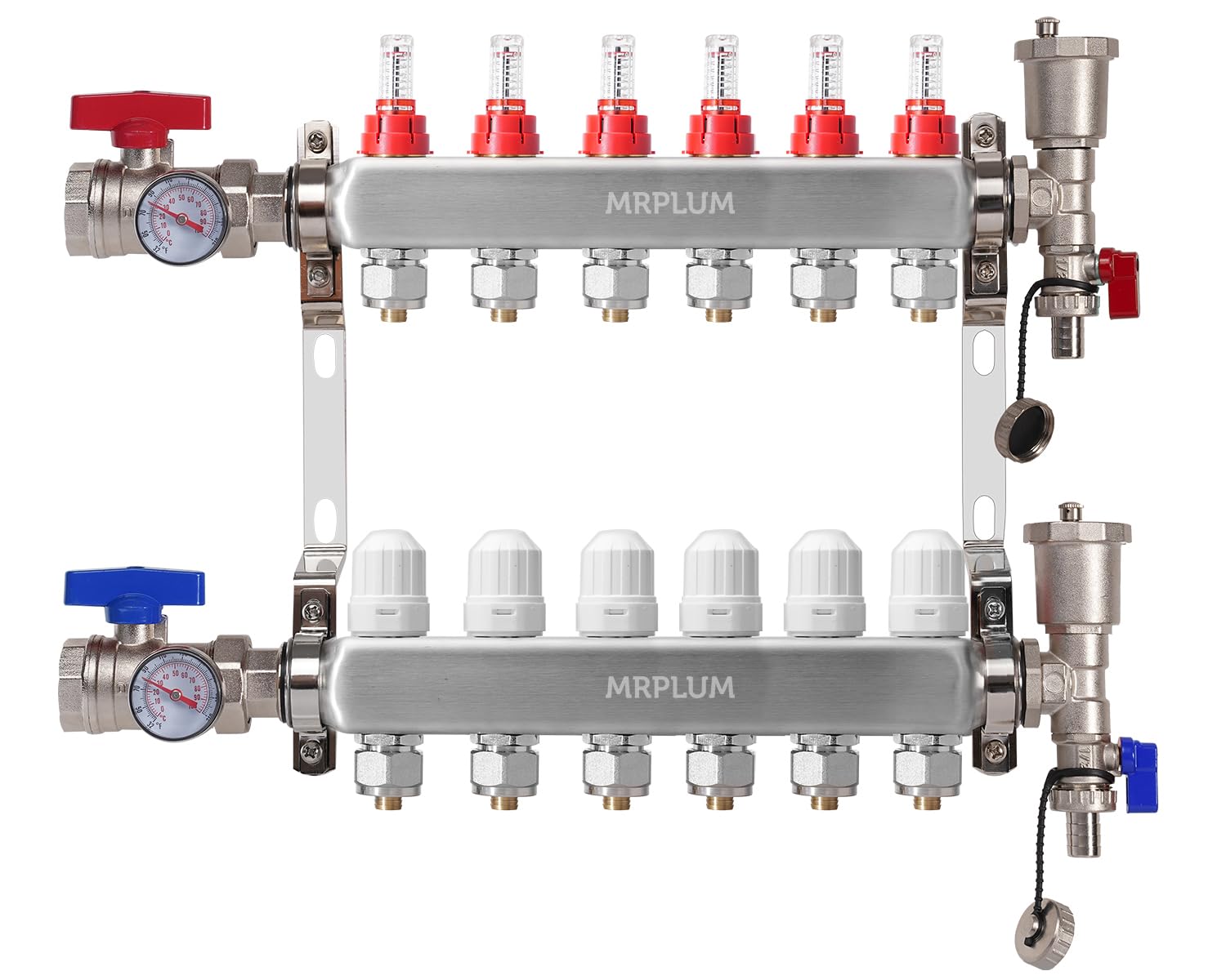 Collettore di calore radiante a 6 rami, collettore PEX in acciaio inossidabile con prese compatibili per riscaldamento a pavimento radiante Hydronic (adattatori da 1/2" inclusi)