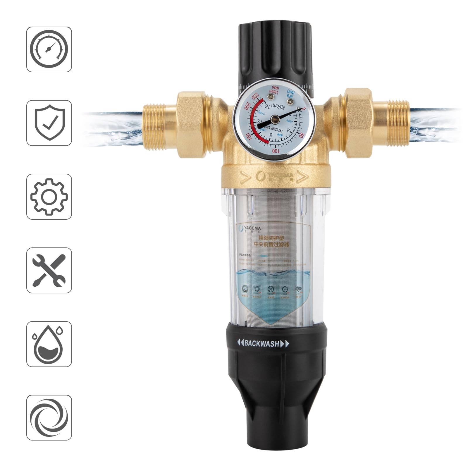 Filtro acqua domestica, filtro sedimentario da 40 μm, con indicatore di pressione dell'acqua, grande portata 6613,8 lbs/H, filtro dell'acqua del rubinetto per filtrazione sedimentaria (25 mm)