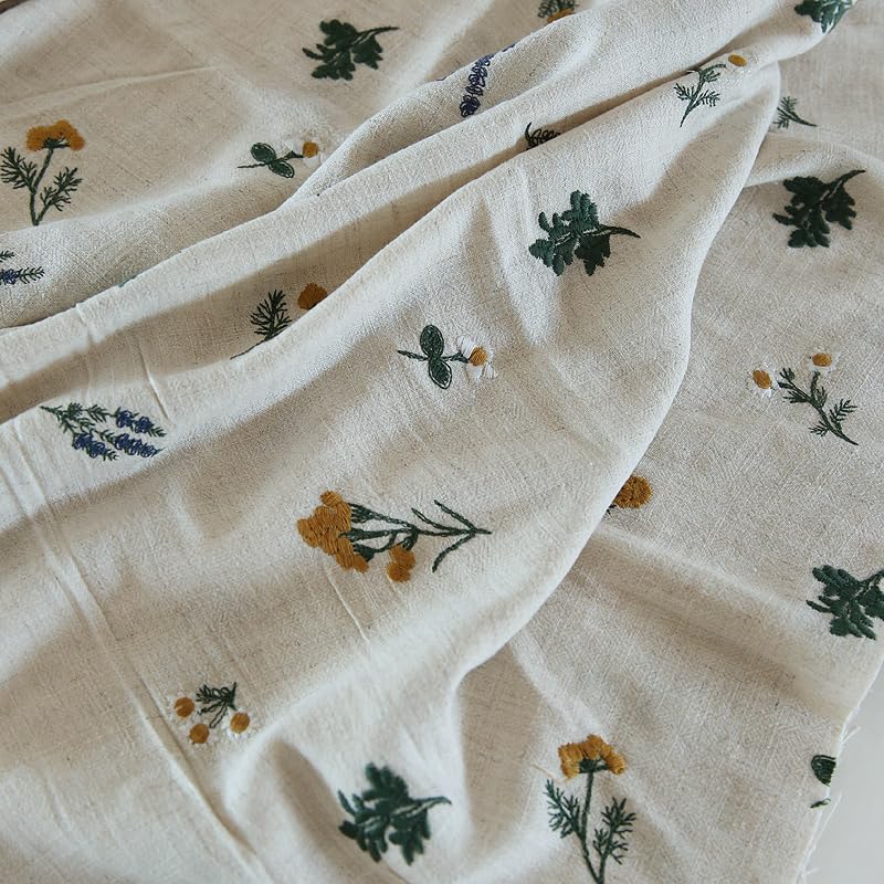 Tissus Couture Tissu Vintage en coton et lin brodé de fleurs, tissu for vêtements robes, bricolage artisanal au mètre
