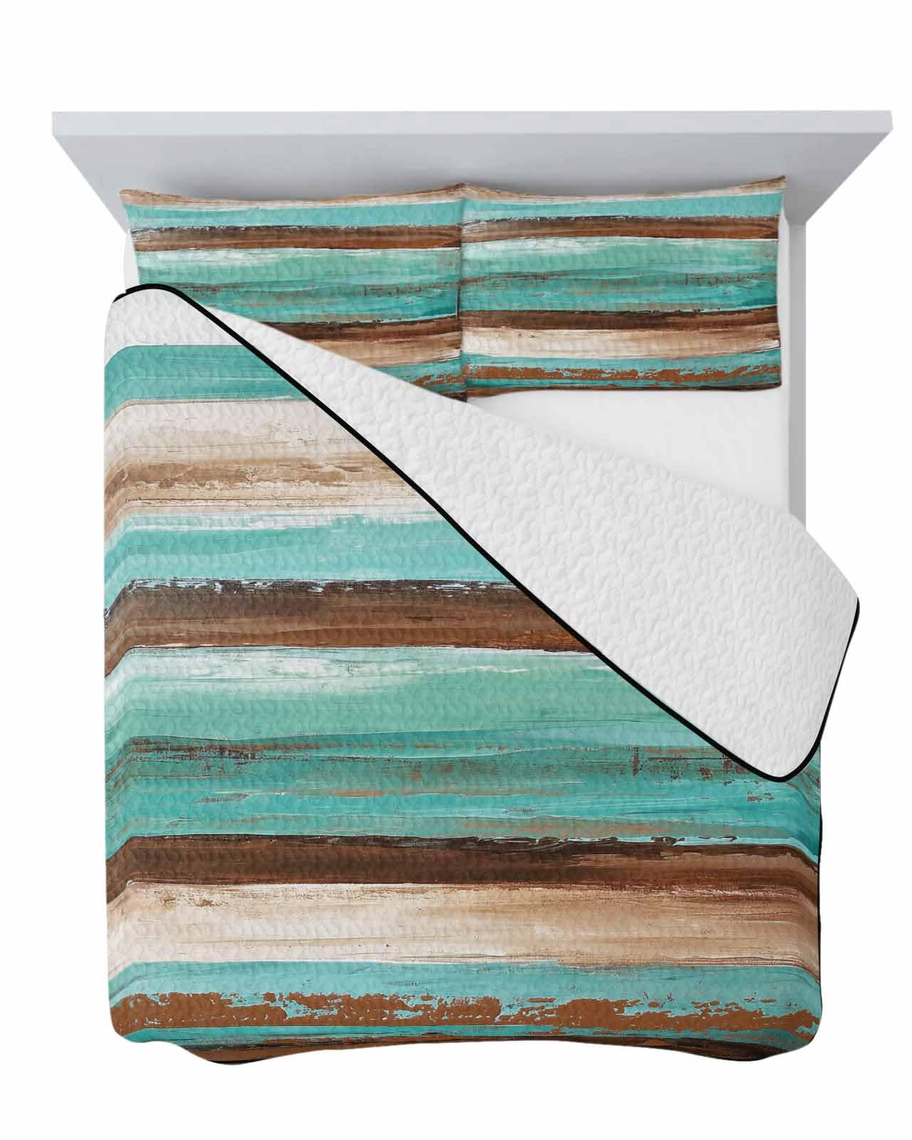 Brown Turquoise Quilt Full Bedding Set, Abstract Wood Grain Gradient Watercolor Lightweight Summer Quilt with Pillow Shams 3 Pieces Microfiber Soft