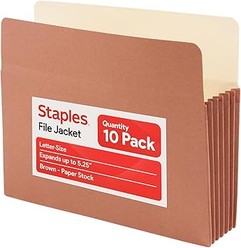 Staples Reinforced File Pockets, Letter Size, Expands Up to 5.25", HeavyDuty Brown Accordion Folders with Strong Gussets 10/Pack