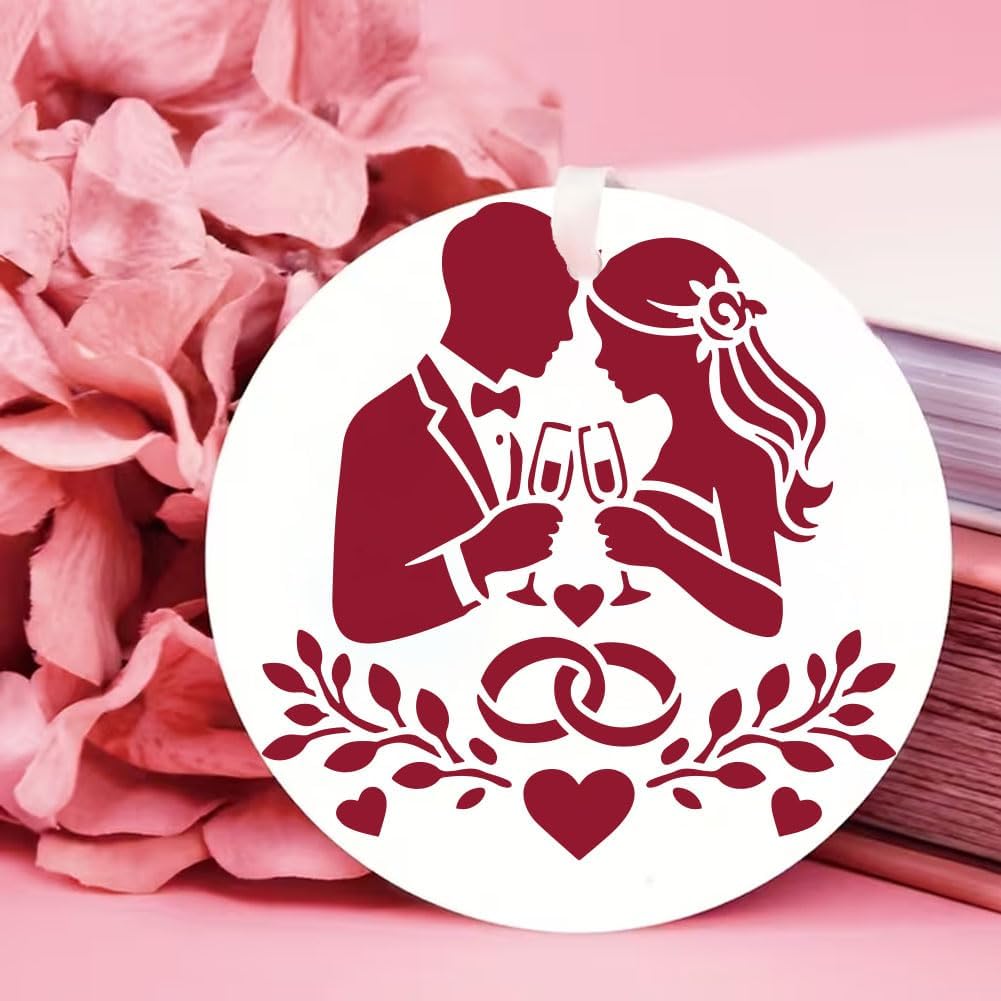 FINGERINSPIRE 4 Pcs Marriage Painting Stencils with Paintbrush 7.9x7.9 inch Bride and Groom Stencil Wedding Decor Stencil Reusable Love Theme Stencils for Painting on Wood Wall Fabric Furniture