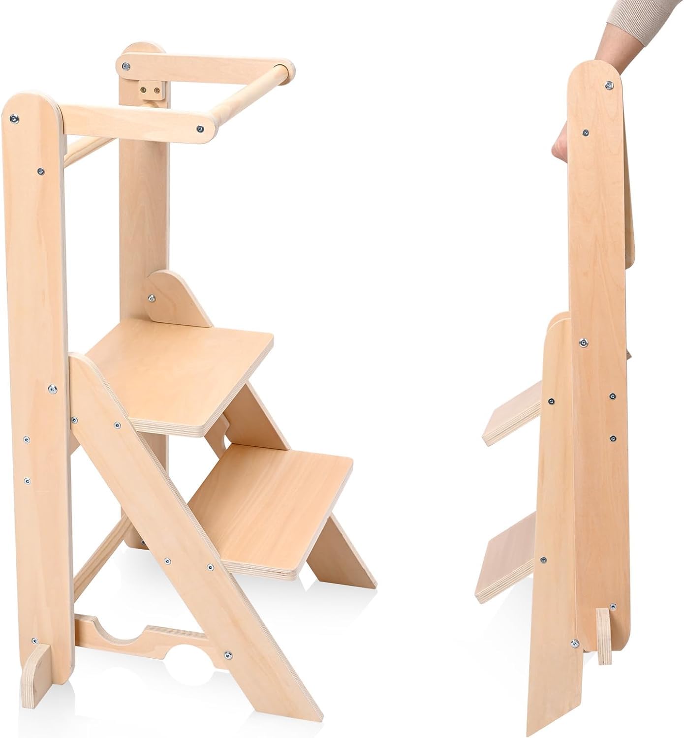 Foldable Stepup Baby Toddler Tower with Adjustable Step, Montessori-Inspired Toddler Step Stool, Standing Learning Tower Kitchen Helper Stand for 18 Month-5 Years