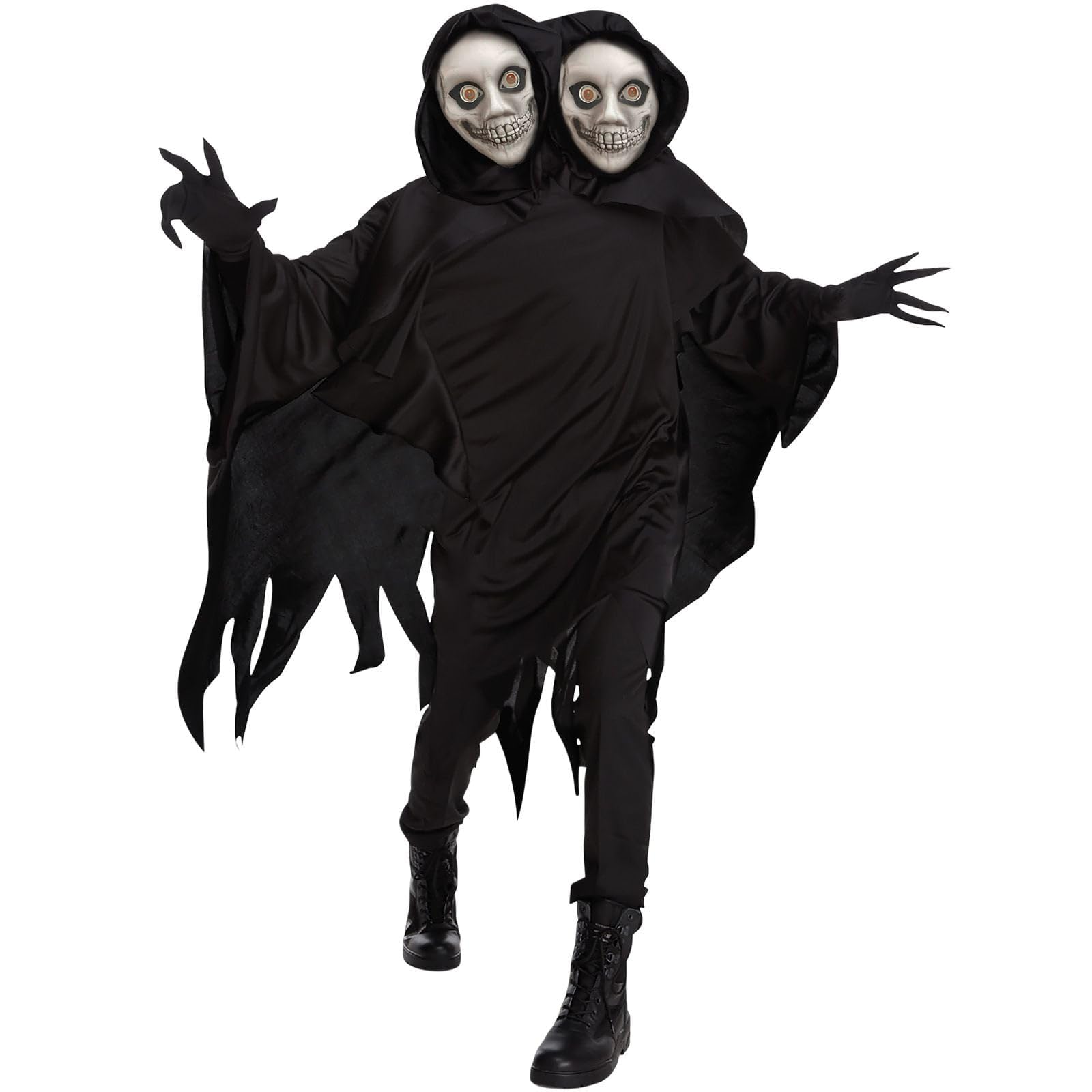 Morph Disfraz Muerte Dos Cabezas Hombre Halloween Túnica Negra Capucha Guantes Puntiagudos Máscara Terror