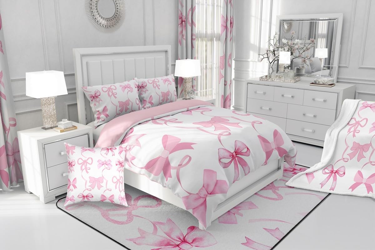 Erosebridal Light Pink Bow Bedding Set Aesthetic Bows Comforter Set,Girly Watercolor Ribbon Bowknot Quilt for Teens Kids Child Women Kawaii Princess Bowknot Quilt Kawaii Room Decor Aesthetic,Twin
