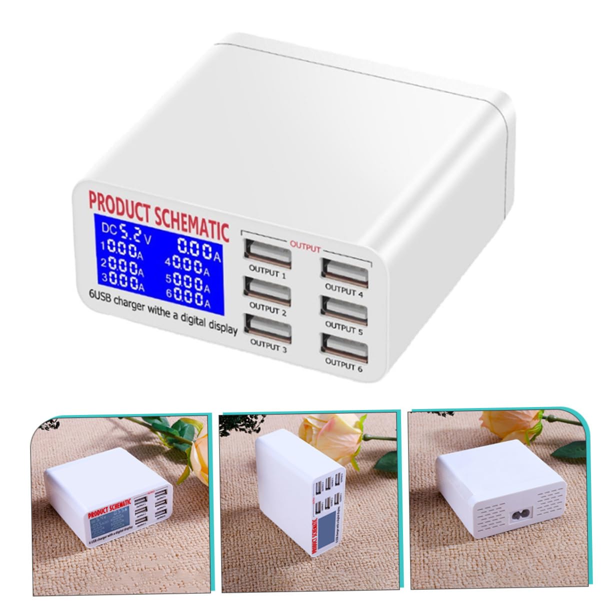 LALAFINA Estación de Carga Inteligente USB 6 Puertos para Múltiples Dispositivos, Usuarios Domésticos y Viajeros, Pantalla LCD, Protección contra Sobrecargas, Compacto, Adaptador Europeo