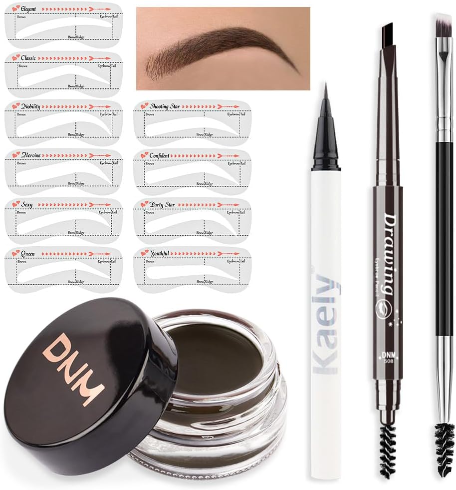 evpct Eyebrow Stencils Kit for Women Shaping, Eyebrow Shaper Makeup Kit, Eye Brow Stencil Shaper Tinting kits for Women, with Eyeliner, Eyebrows Pencil, Pomade, Brush and 10 Stencils, Kit-01# EBONY