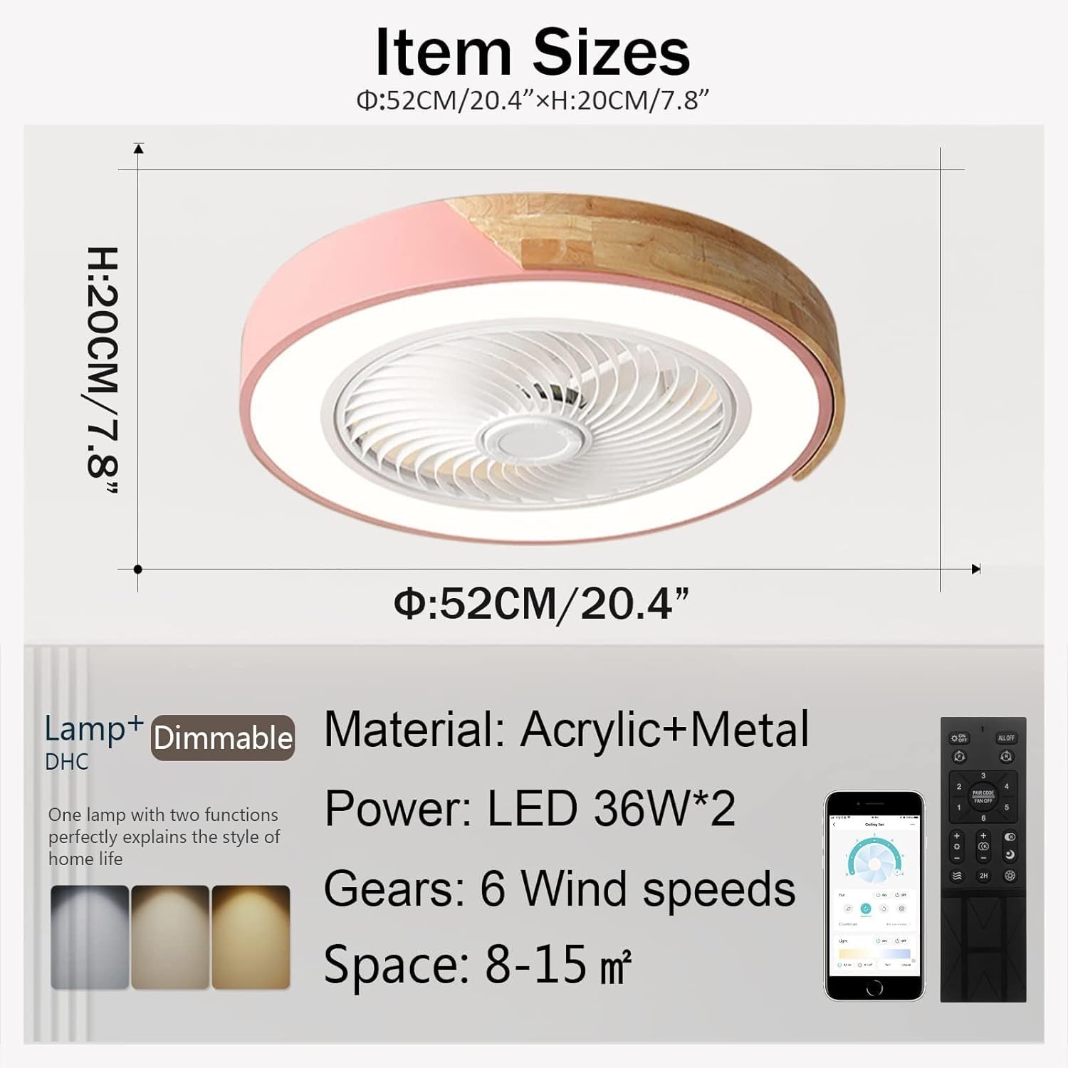 Wentylator sufitowy z oświetleniem LED, różowy, 36 W x 2, pilot zdalnego sterowania, ukryte łopatki, 6 prędkości, do sypialni i salonu