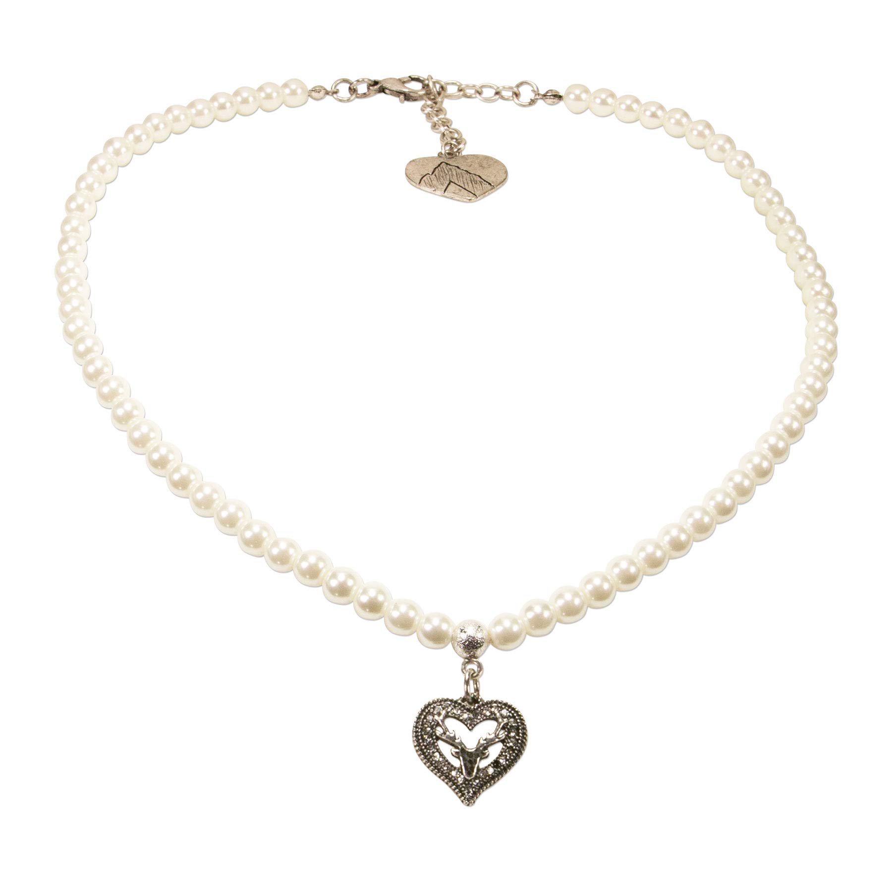 Alpenflüstern Trachtenschmuck-Set Perlen-Trachtenkette und Trachten-Armband Strassherz Hirsch - Damen-Trachten-Schmuck, Trachtenset Dirndl-Kette und Trachten-Armkette creme-weiß SET037