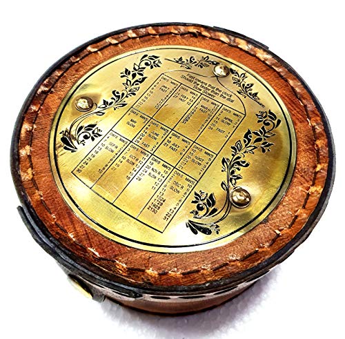 Brújula náutica antigua redonda de latón de 3" con grabado y caja de cuero marrón miniatura 3