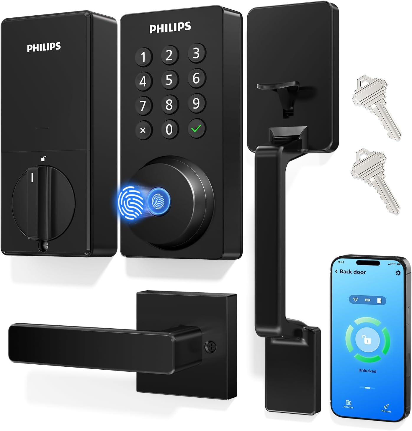 Upgraded Wi-Fi Smart Front Door Lock Set, Fingerprint Keyless Entry Deadbolt, Keypad Lock with Handle, App Remote Control, IP53 Waterproof, Auto Lock, Anti-Peeping Password, Easy Install