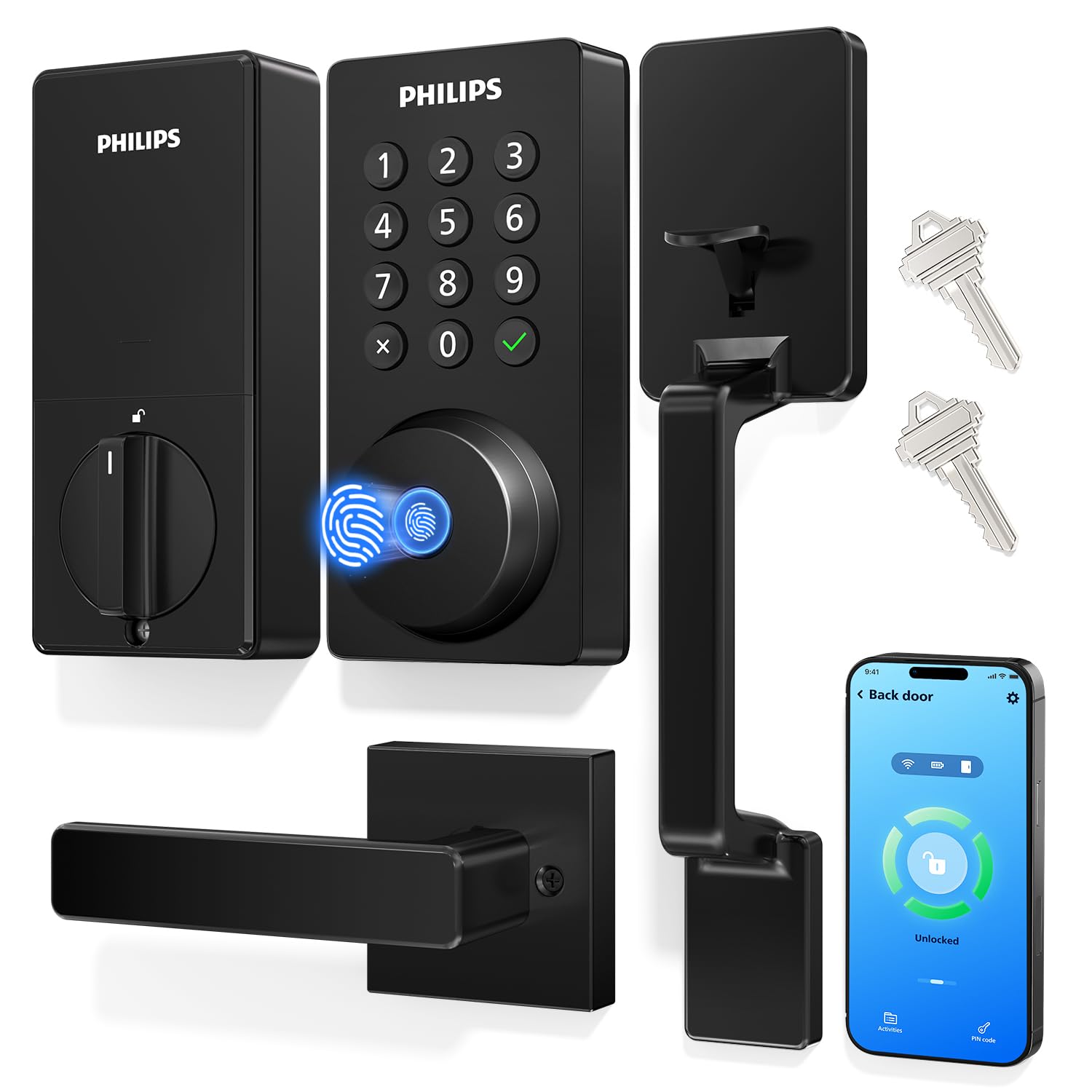 Photo 1 of Philips Upgraded Wi-Fi Smart Front Door Lock Set, Fingerprint Keyless Entry Deadbolt, Keypad Lock with Handle, App Remote Control, IP53 Waterproof, Auto Lock, Anti-Peeping Password, Easy Install