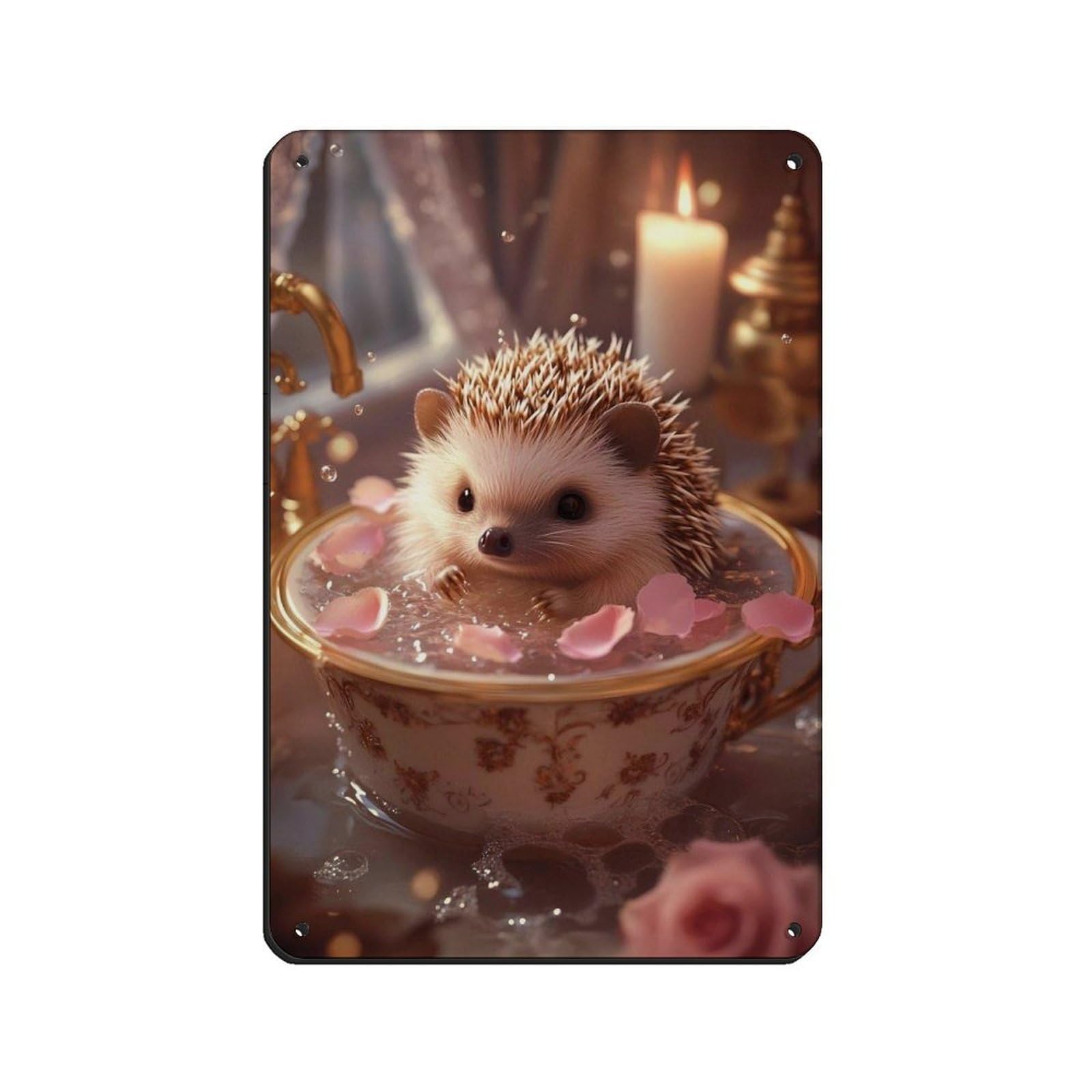 Cute Hedgehog in Vintage Teacup Retro Poster Metal Tin Sign Chic Art Retro Iron Painting Bar People Cave Cafe Family Garage Poster Wall Decoration 8x12inch(20x30cm)