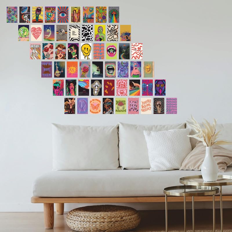 Image of POSTERONN Indie Y2K Wall Collage Kit Set of 54 Aesthetic Hippie 4x6 Inch Posters Premium Cardstock Prints with Glue Dots Retro Room Decor for Bedroom Dorm Office Living Room Gallery Wall Set