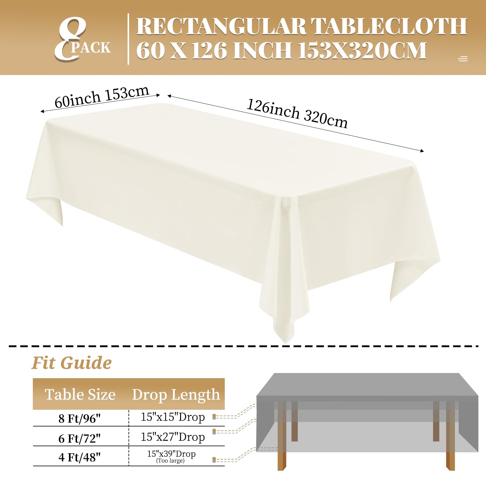 8er-Pack elfenbeinfarbene Tischdecken, 153 x 320 cm, rechteckige elfenbeinfarbene Polyester-Tischdecken für 8-Fuß-Tische, waschbare cremefarbene Tischdecke, rechteckig für Hochzeitsfeier