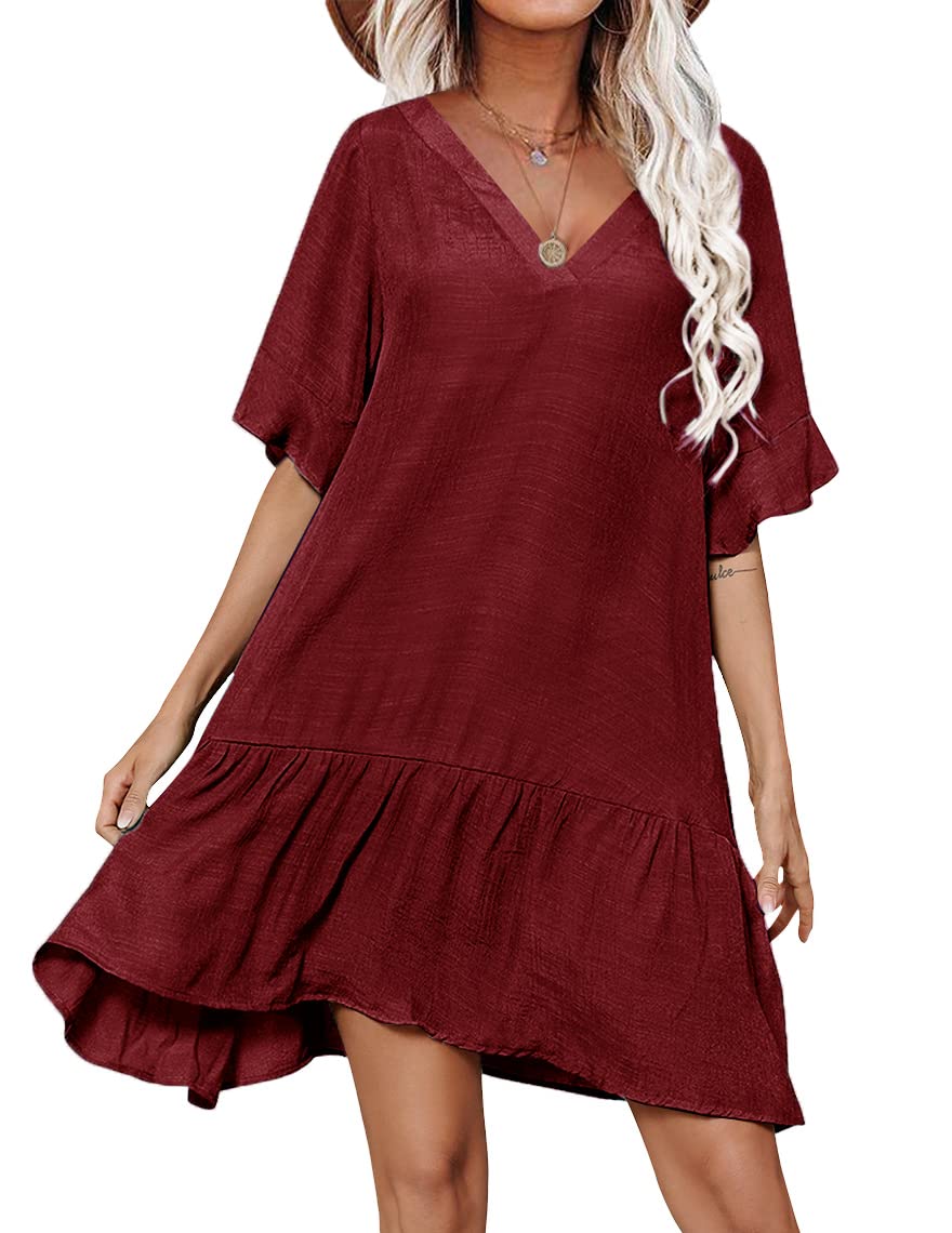 Aoulaydo Womens Swimsuit Coverups Sexy V Neck Bathing Suit Cover Ups Casual Loose Cover Up for Swimwear