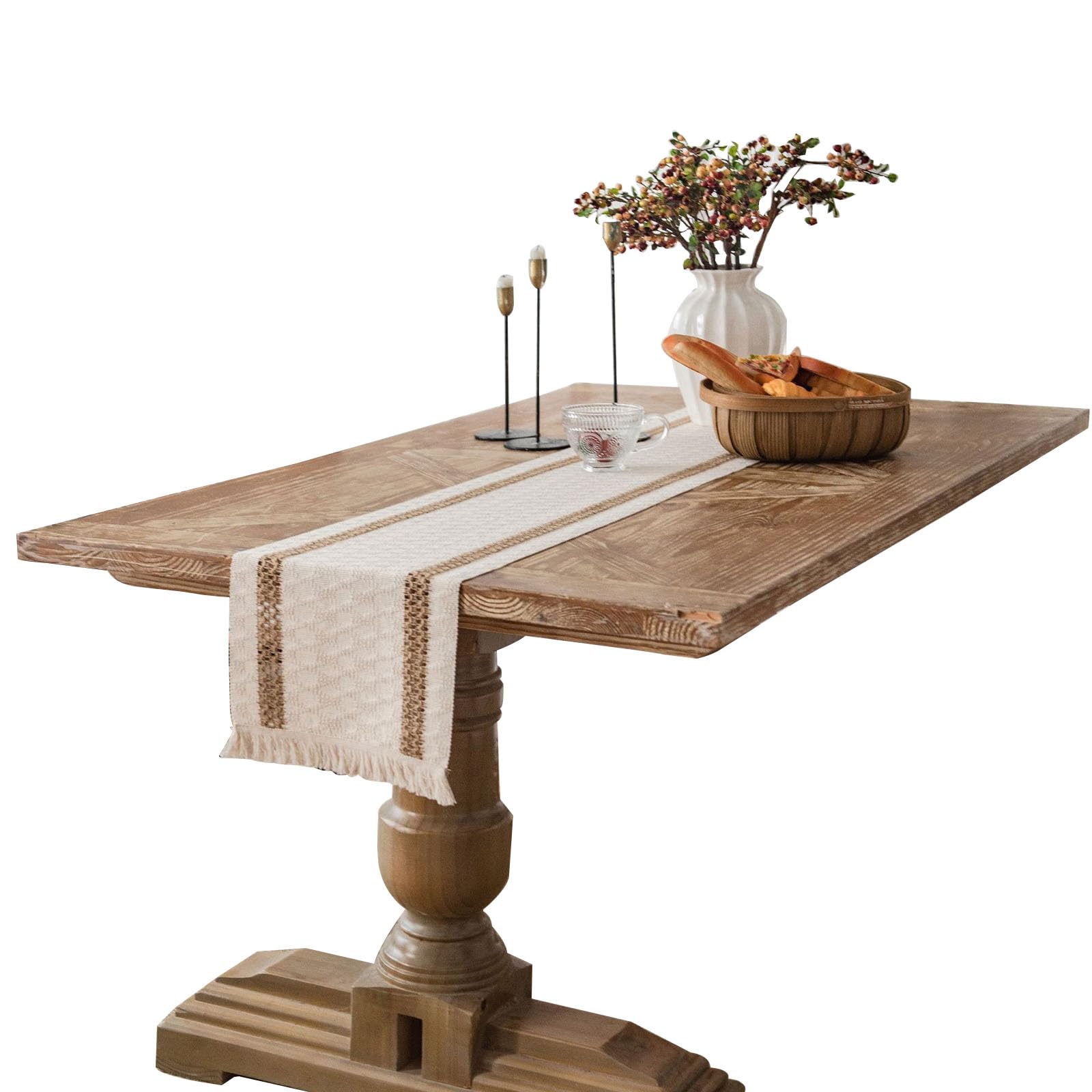 Runner da tavola in macramè con nappe a mano, stile rustico bohémien, in cotone e lino, tessuto di cotone all'uncinetto, decorazione per la casa, tovaglia per cucina, decorazione per la tavola