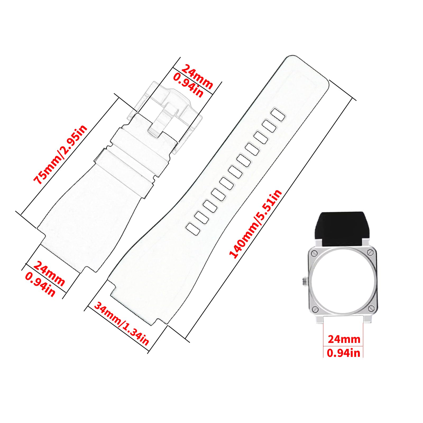 Topuly 24mm*33mm Rubber Watch Band Compatible for Bell & Ross B&R BR-01 BR01 BR-03 BR03 Diver watch modles Silicone Strap Wirstband accessories replacement for Men and Women (Black Band Black Buckle)