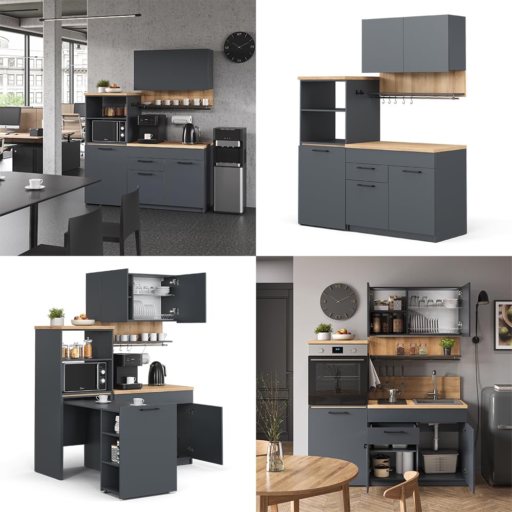Vicco Küchenzeile Egbert, Anthrazit, 160 cm mit ausziehbarem Tisch, mit integriertem Tellertrockner und seitlichen Regalablagen