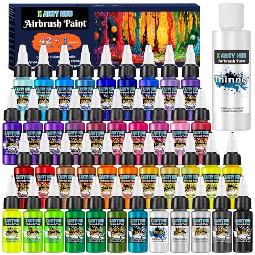 X ARTY HUB Airbrush Paint - 42 Colors with 4.05 Fl Oz Thinner, Iridescent, Neon and Metallic Air Brush Paints Acrylic Ready to Spray, Water-Based Painting Set for Artists Beginners