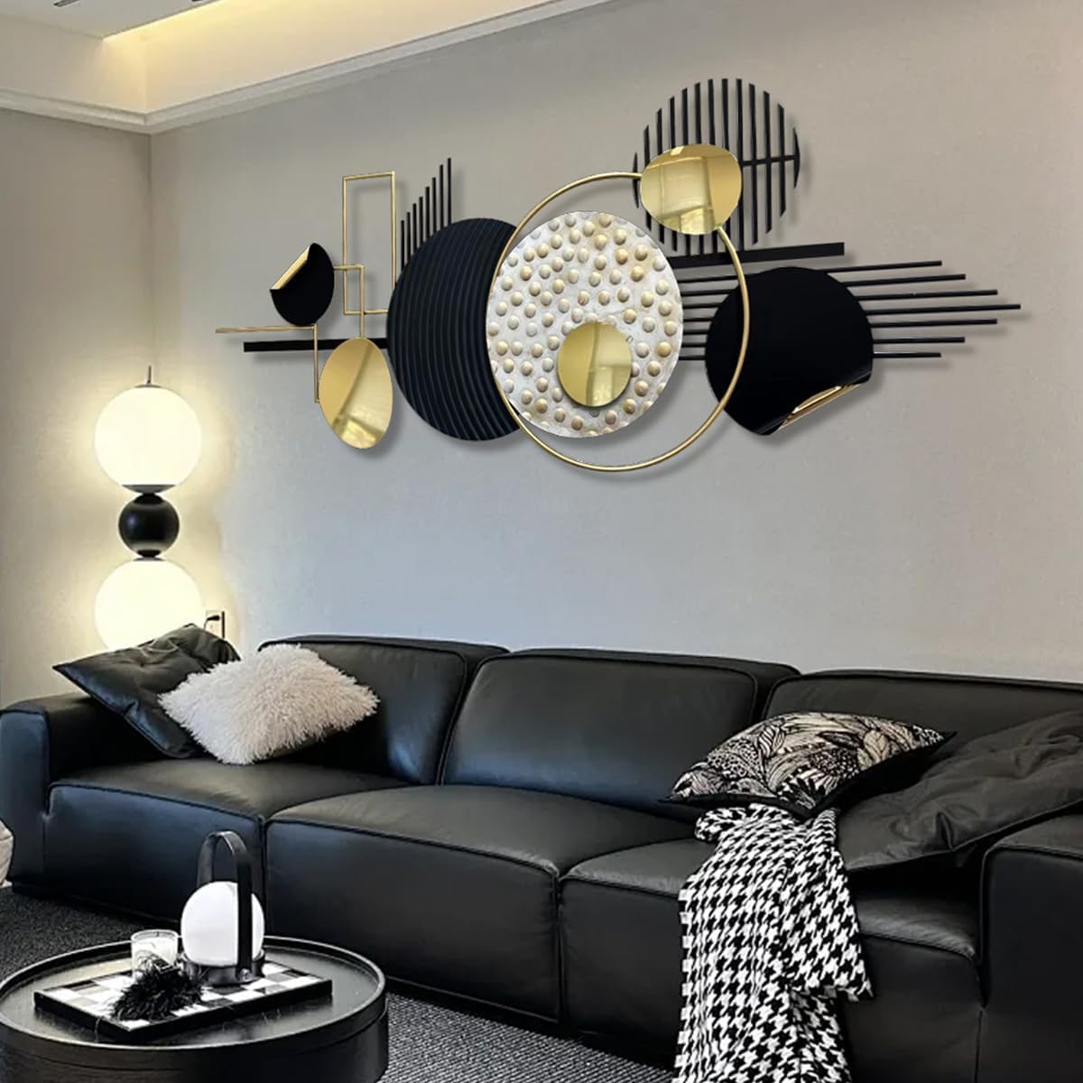 Arte de pared de metal grande en 3D, negro y dorado, decoración pared metal bohemio, esculturas pared metal circulares geométricas creativas modernas, decoración abstracta para el hogar,150 x 60 cm