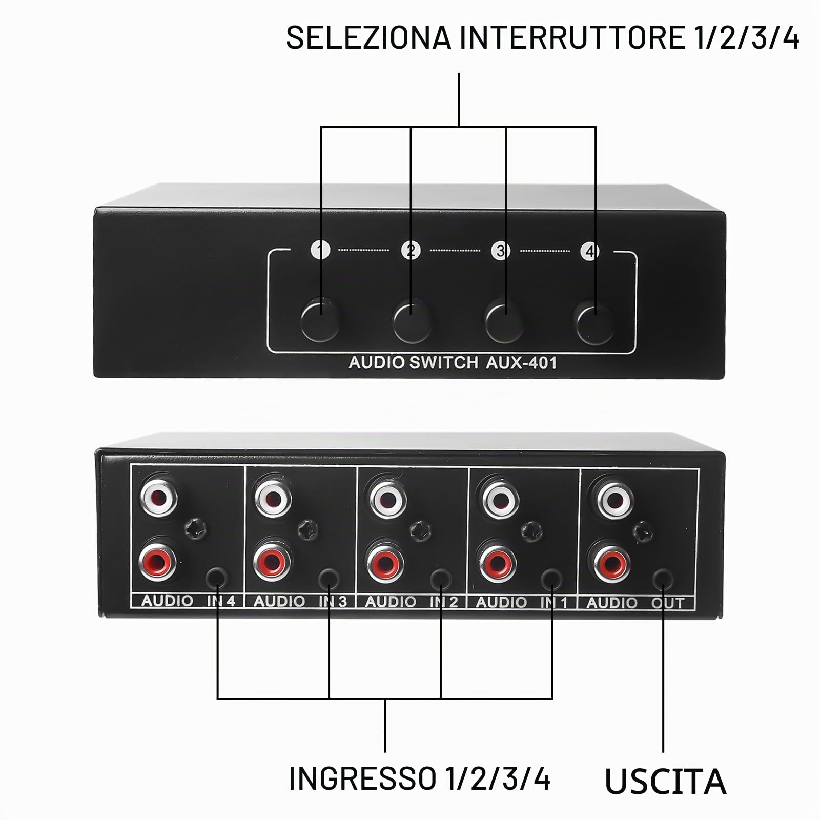 Interruttore e commutatore 4 in 1 out, 3,5 Mm Aux + RCA L/R, bidirezionale, scatola di selezione audio, splitter audio video per cuffie