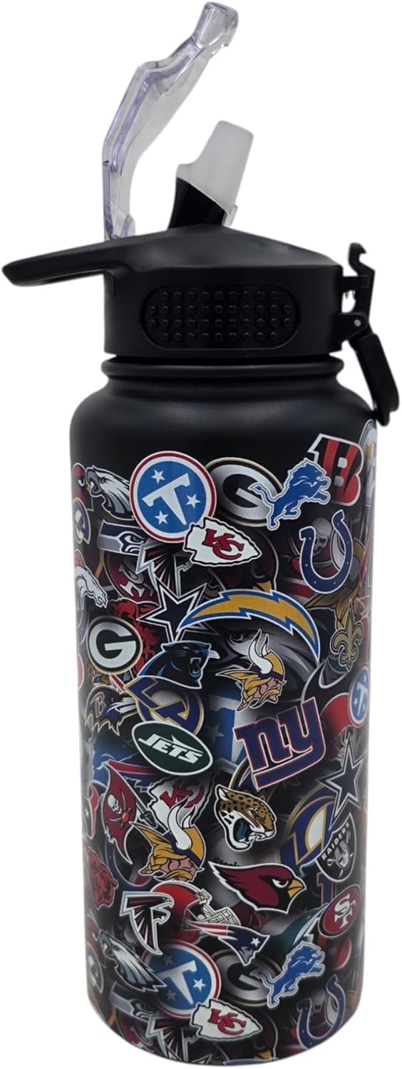 NFL ProPress Blackout All Over Team Logo Mashup 32oz Stainless Steel Water Bottle, Press Top Lid